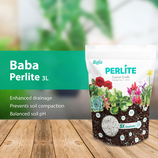 Bag of Baba Perlite 3L on a wooden surface with a blurred green background